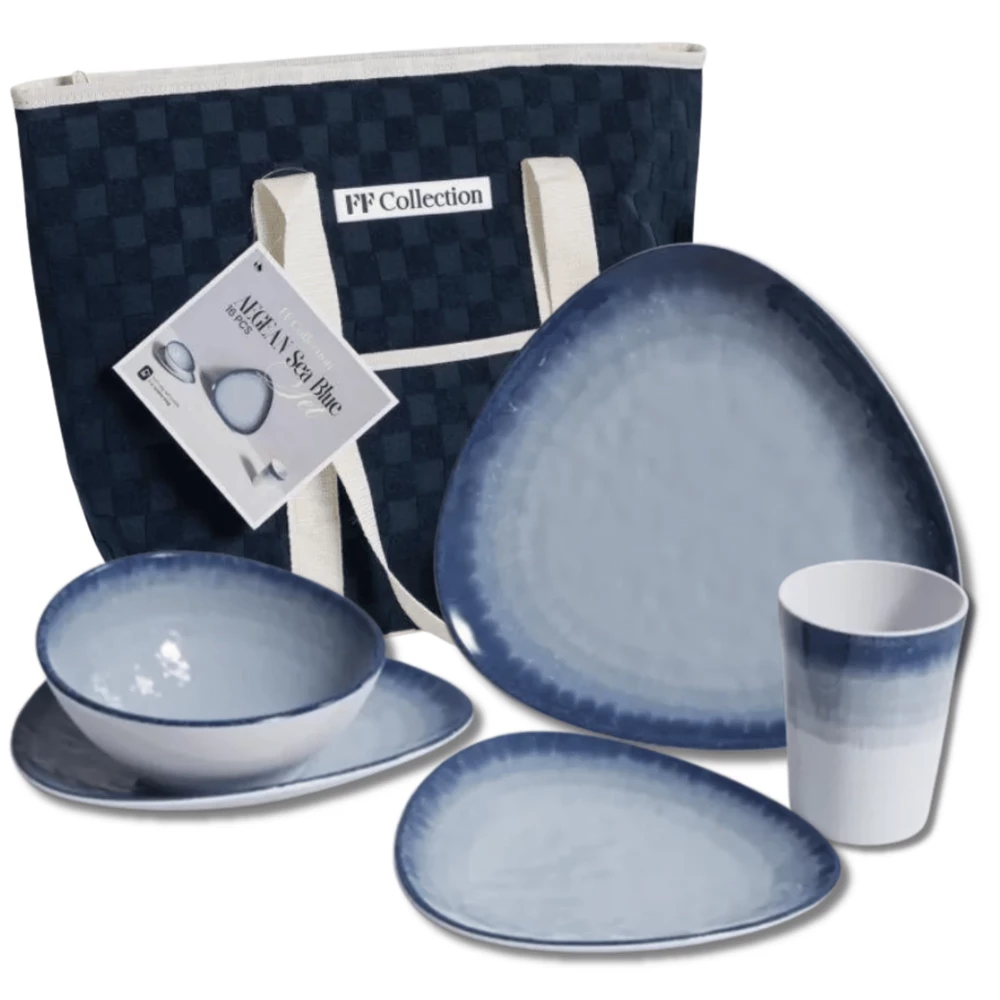 Aegean Blue Non Slip Crockery Set & Cooler Bag - 16 Piece