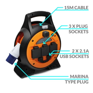 Maypole 15m Roller Mobile Mains Power Unit With LED Light 