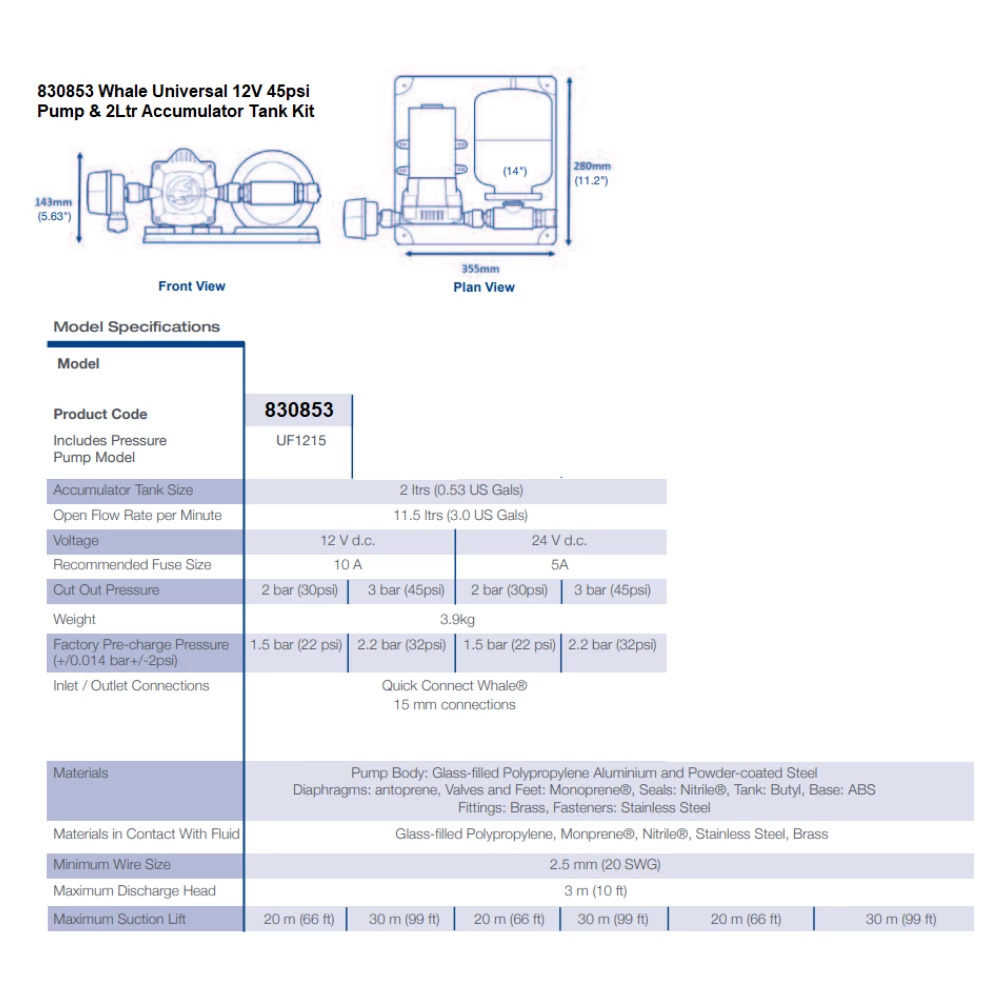 Universal 12V 45psi Pump & 2Ltr Accumulator Tank Kit