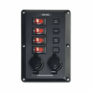 Blue Sea 4 Switch Circuit Breaker Panel With 2 x 12v Sockets 