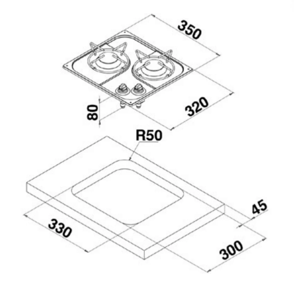 Two Burner Flush Mount Stove 350x320mm
