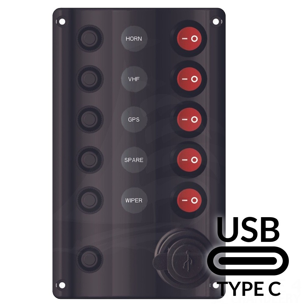 Illuminated 5 Switch Panel with USB A & C