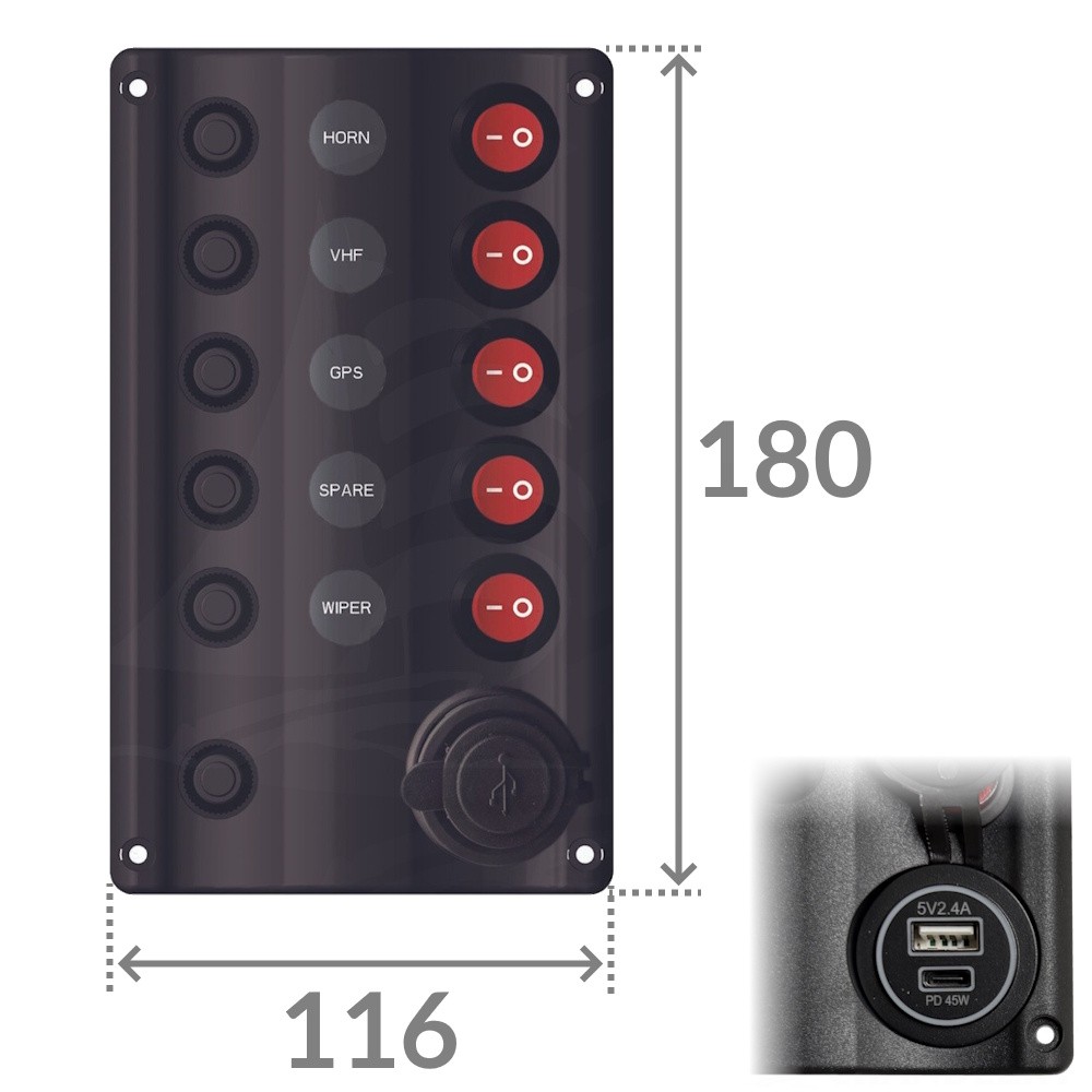 Illuminated 5 Switch Panel with USB A & C 