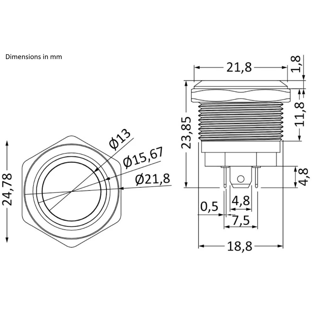 Flat Stainless Steel Switch ON-OFF Blue LED